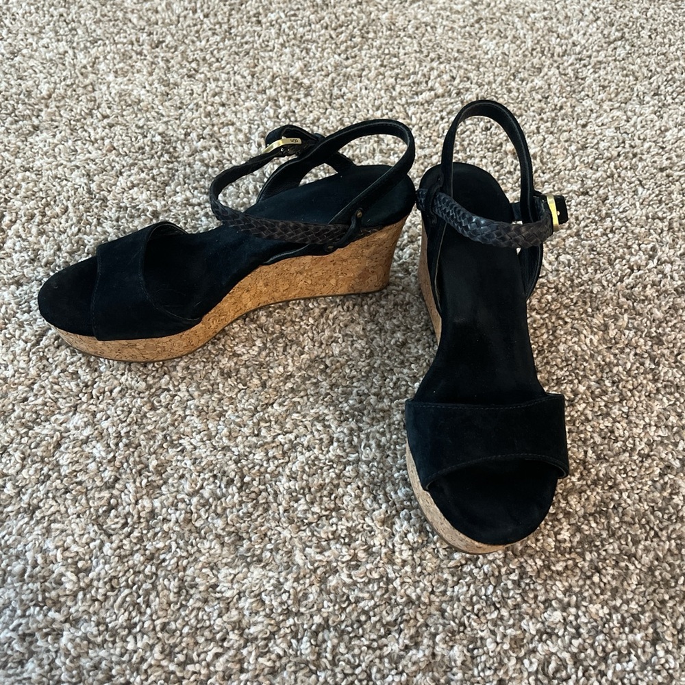 UGG Black Wedge Sandals with Ankle Strap and Textured Upper